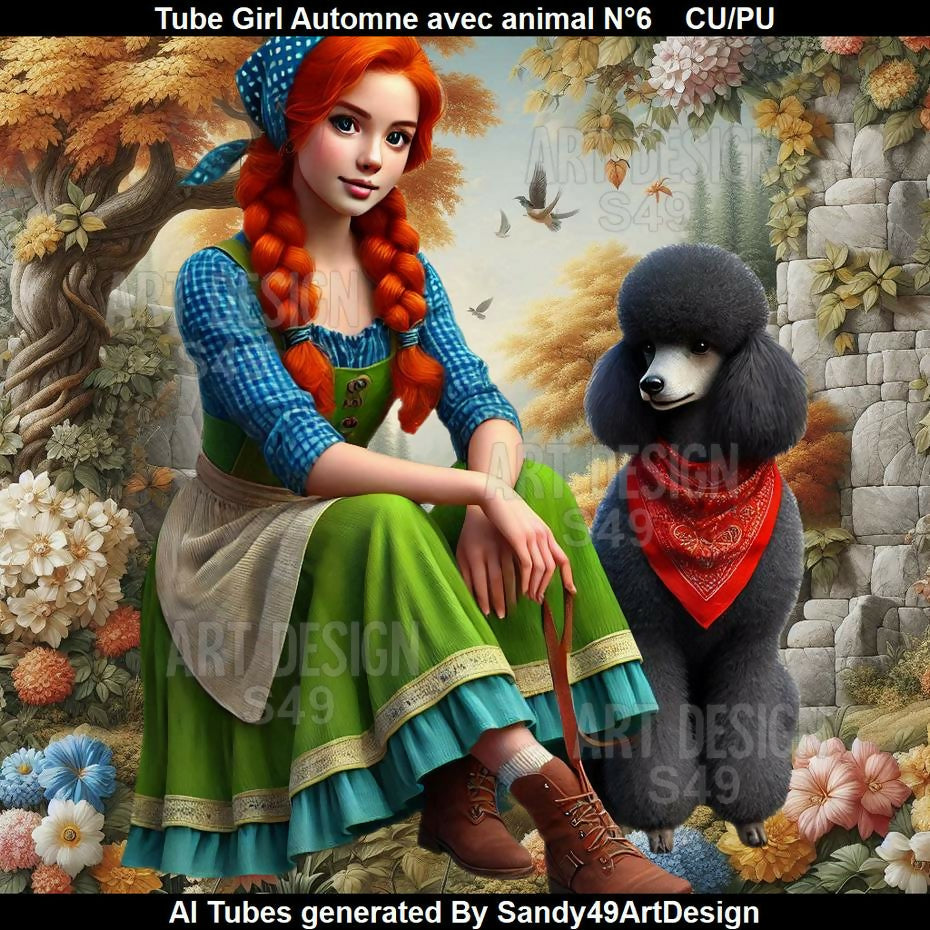 Tube Girl Automne avec animal N°6