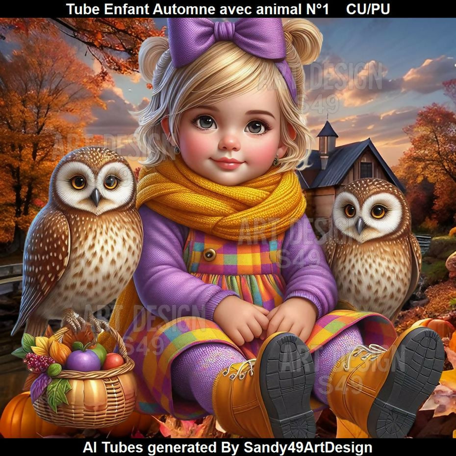 Tube Enfant Automne avec animal N°1