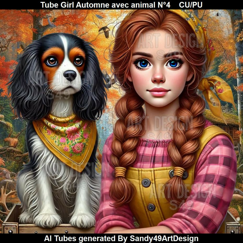 Tube Girl Automne avec animal N°4