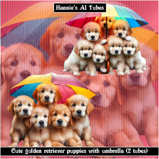 Cute golden retriever puppies with umbrella