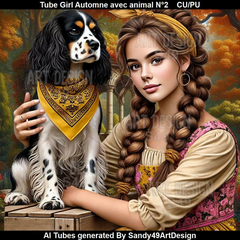 Tube Girl Automne avec animal N°2