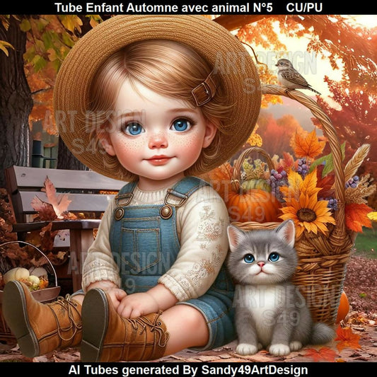 Tube Enfant Automne avec animal N°5