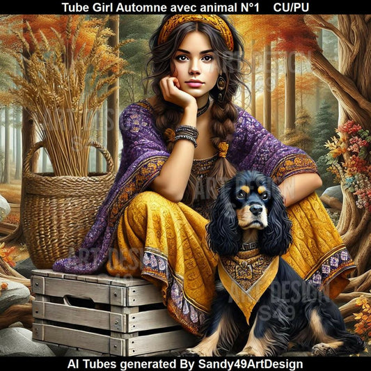 Tube Girl Automne avec animal N°1