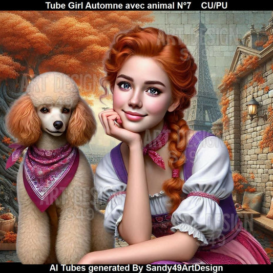 Tube Girl Automne avec animal N°7