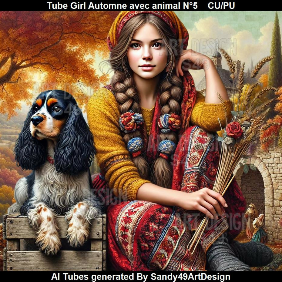 Tube Girl Automne avec animal N°5