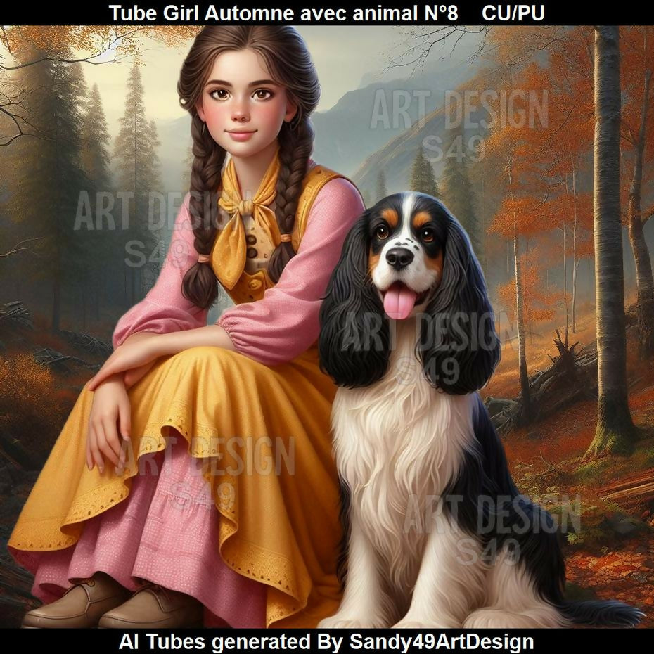 Tube Girl Automne avec animal N°8