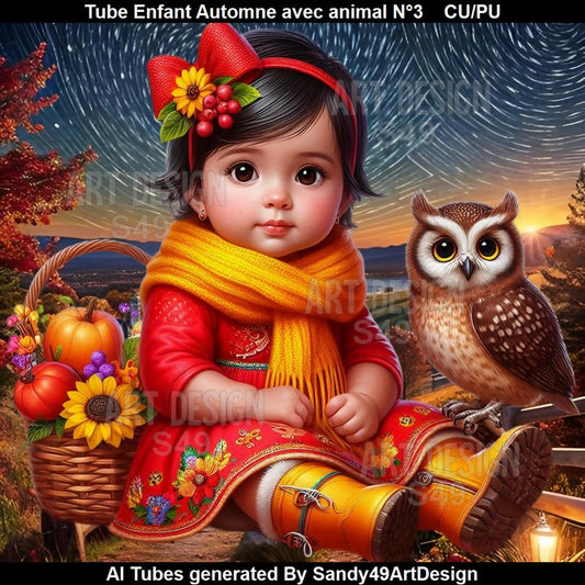 Tube Enfant Automne avec animal N°3