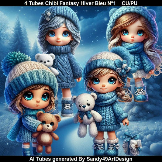 4 Tubes Chibi Fantasy Hiver Bleu N°1