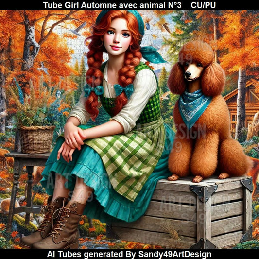 Tube Girl Automne avec animal N°3